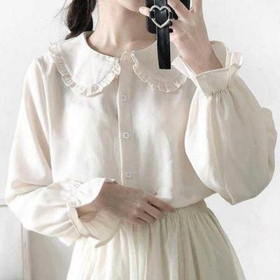 Sommer Herbst Einreiher Flare Hülse Frauen Mode Tops Bluse Einfarbig Kawaii Lose Langarm Shirts Peter Pan Kragen