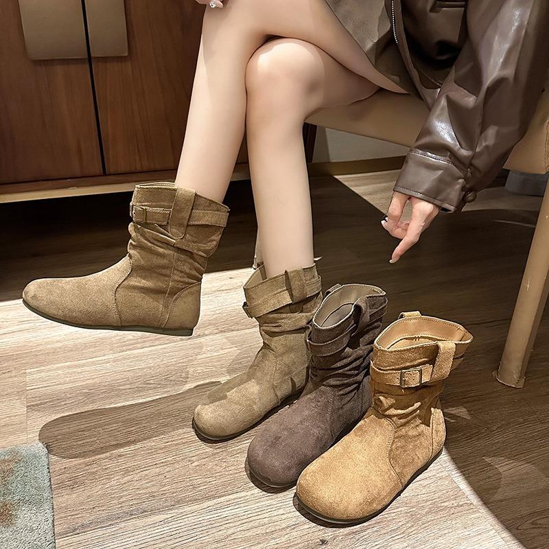 Retro Small Inner Heightening Short Boots Women's Spring and Autumn Sleeves Western Stacking Boots Slim Short Boots