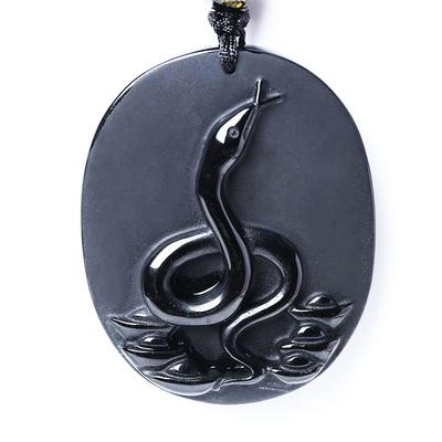 Zodiac Goods Twelve Zodiac Animal Pendant Made of Natural Stone Power Stone Bella Jade {Snake Snake) Necklace, Obsidian,