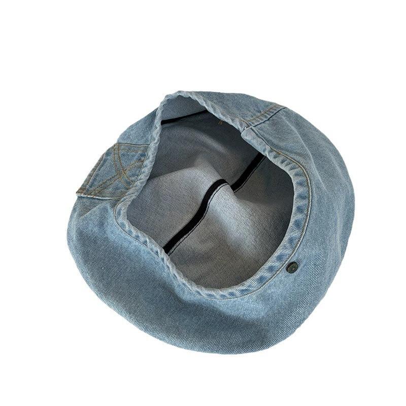 Vintage washed denim girl spring summer thin big head circumference bud painter hat showing face small beret