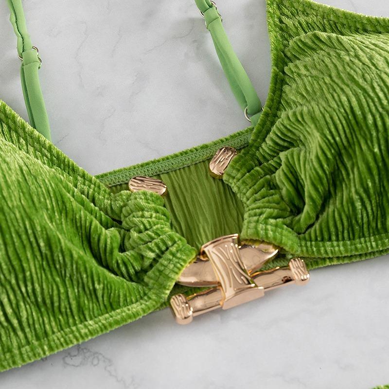 Women Sexy Solid Green Three Piece Split Bikini Swimsuit For Vacation Spa