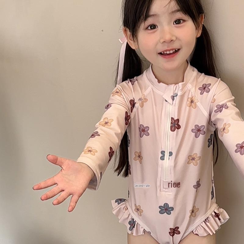 Jednoczęściowy strój kąpielowy z długim rękawem dla dziewczynek - Uroczy styl księżniczki z ochroną przeciwsłoneczną dla maluchów, Idealny na wiosenne i letnie wakacje