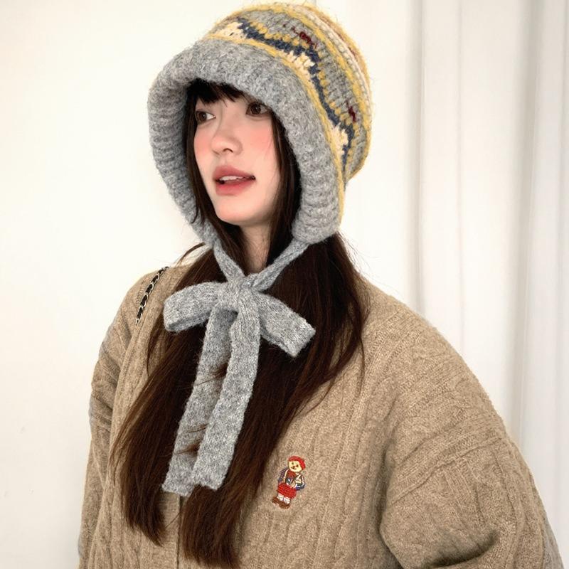 Vintage Fair Isle Mütze Damen Winter Sturmhaube Warm Großer Kopfumfang Winter Gestrickte Wollmütze Ohrenschützer