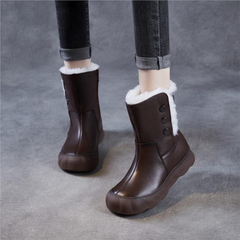 Johnature Genuine Leather Snow Boots Women's Shoes Plush Warm Versatile Soft Soled Mid-calf Boots