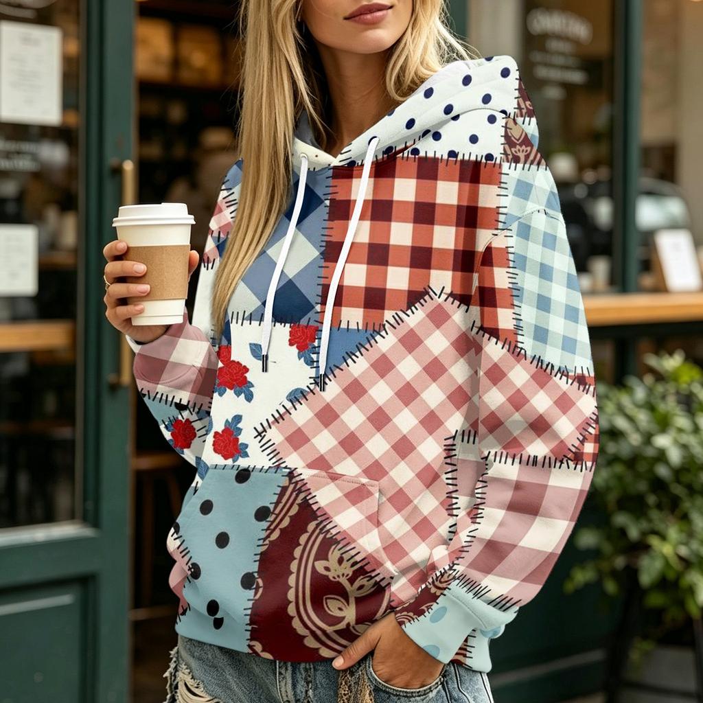 Felpa da donna con cappuccio, stampa retrò, manica lunga, tasche e design casual a pullover