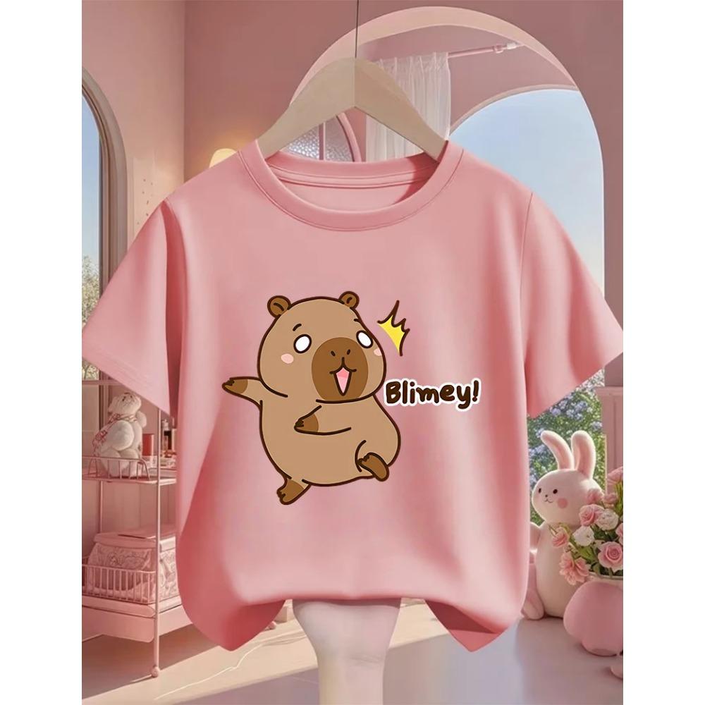 Cute Kawaii Capybara Crew Neck T Shirt Summer 3-14Y Boys Girls Fashion Street Hot Cartoon Casual Children