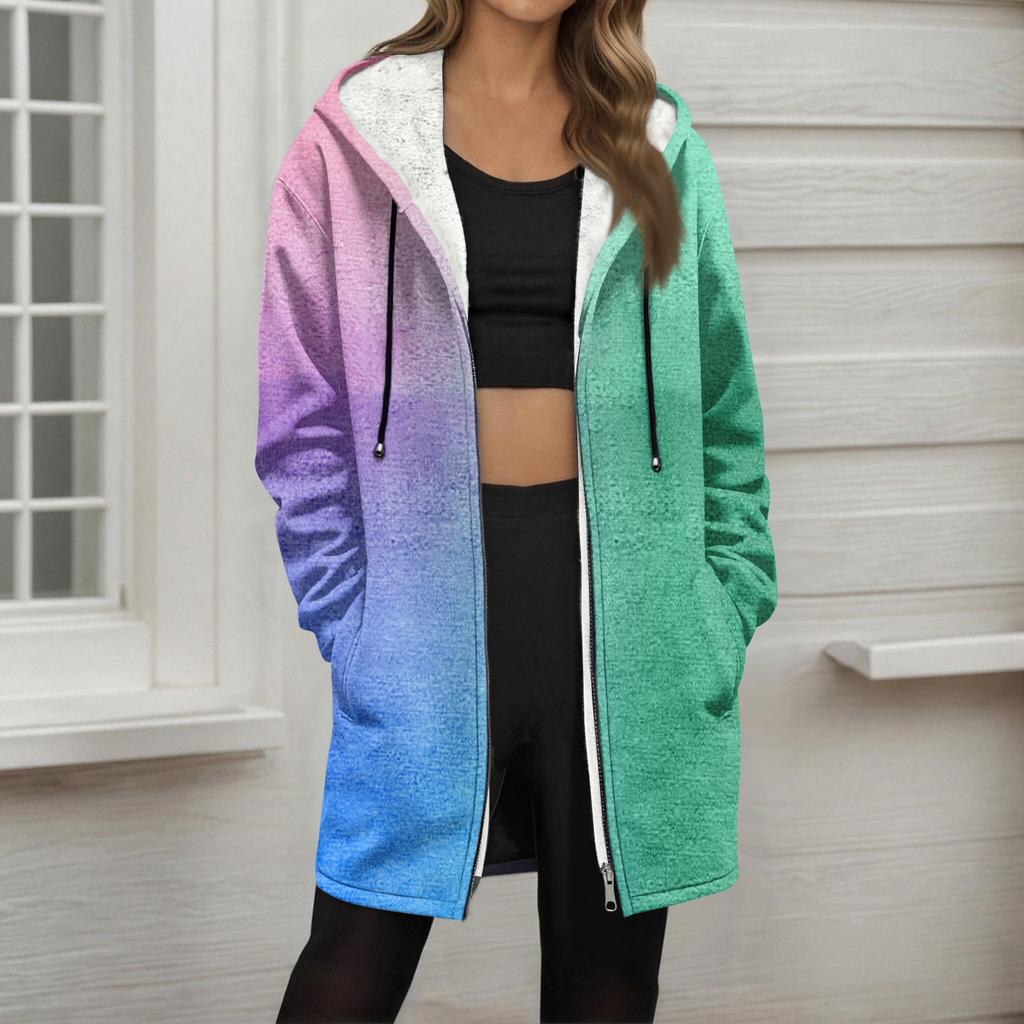 Women's Gradient Print Fashionable Loose Zipper Fleece Hoodie Jacket