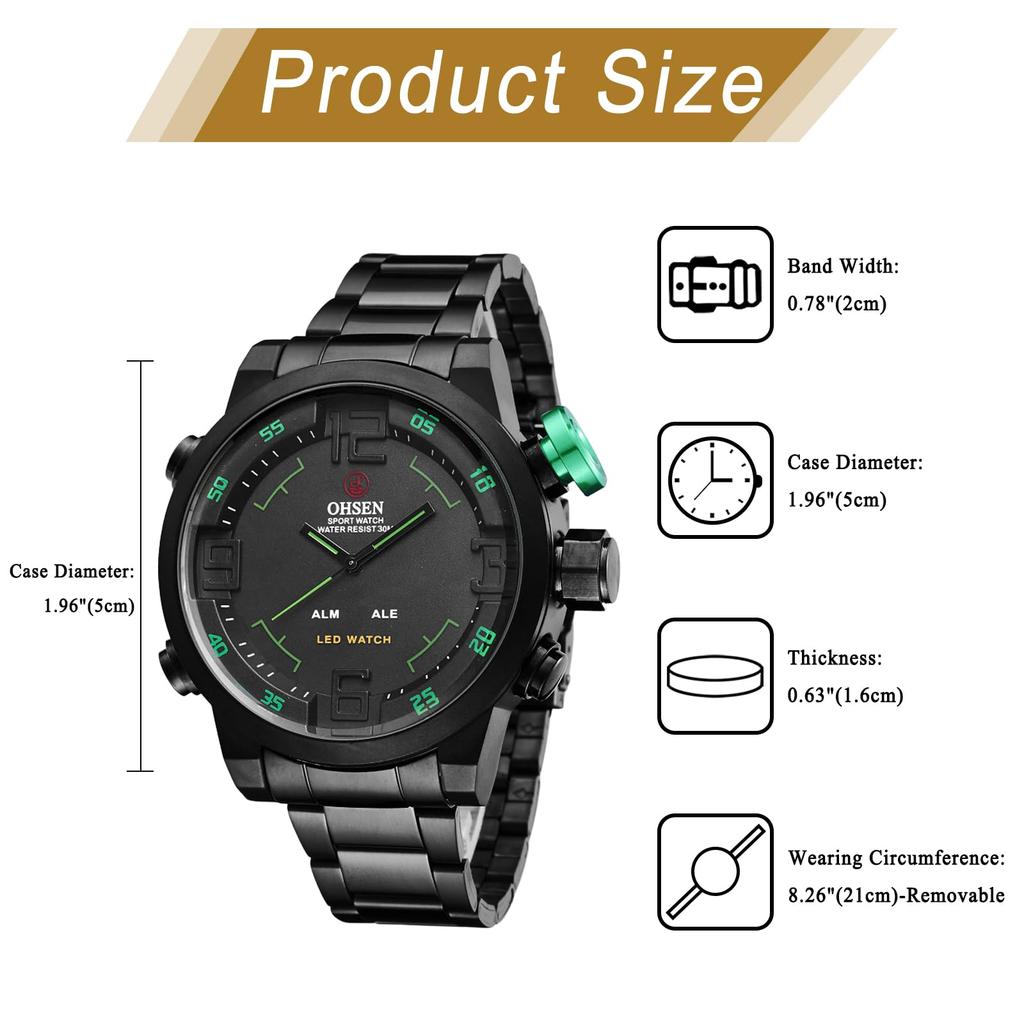 Men's Watch Analog Digital Display 3ATM Waterproof Stainless Steel LED Calendar Quartz Casual Business Fashion Accessory Black