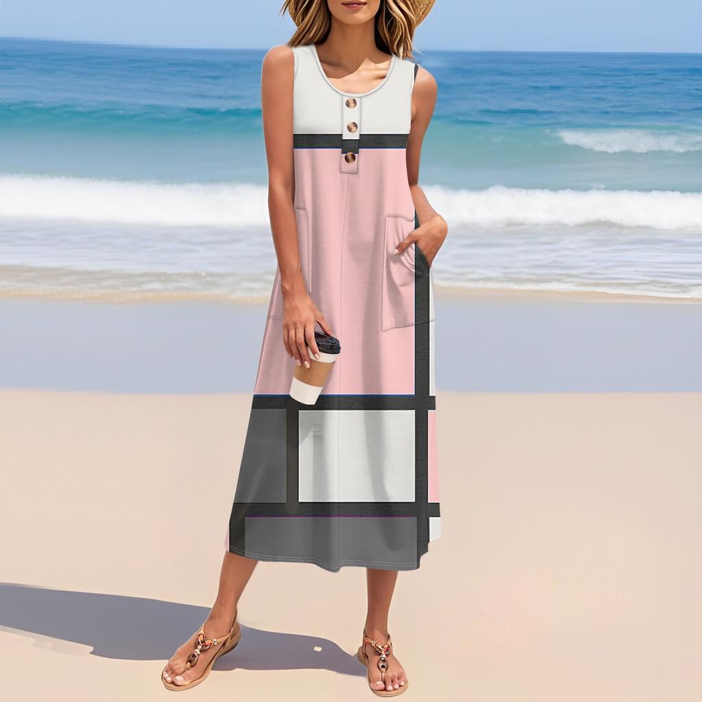 Women's Summer Vintage Color-block Patchwork Print Dress Sleeveless Button Down Casual Loose Long Beach Sundress