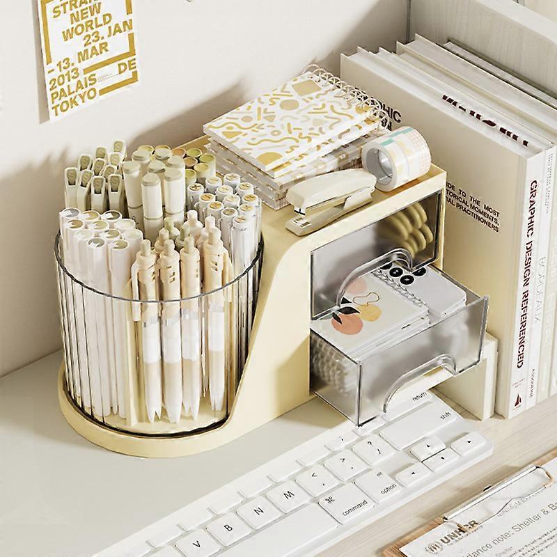 Rotating Desk Organizer with 2 Drawer, Pencil Pen Holder for Desk