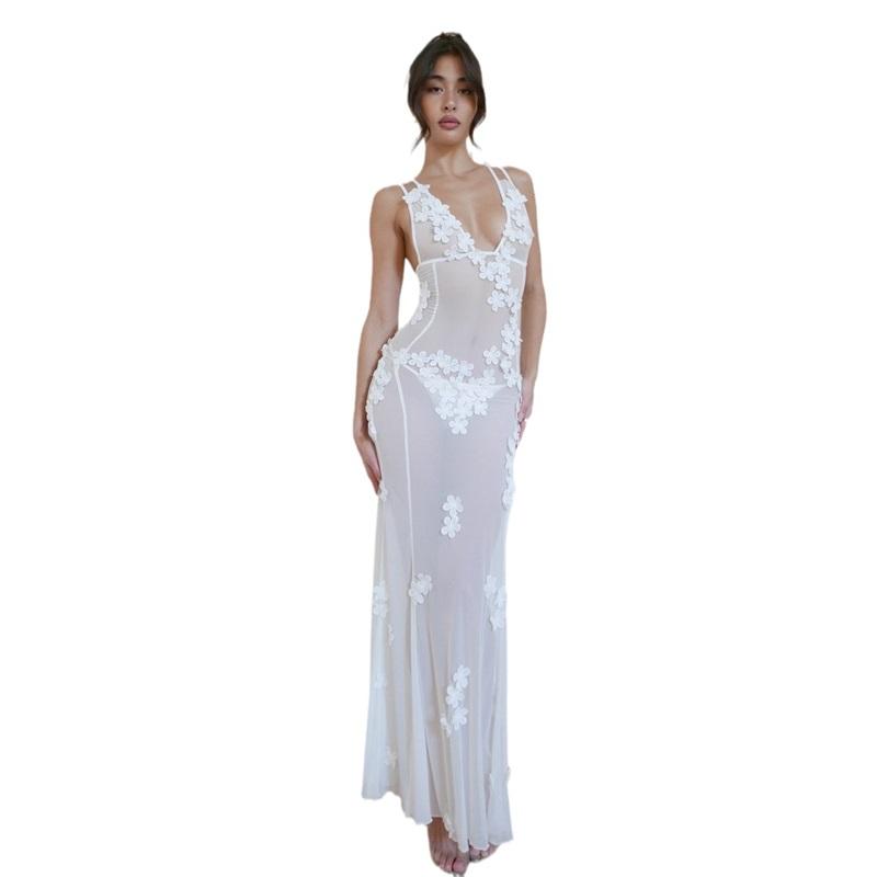 Women See Through Mesh Long Dress Summer 3D Flower Sleeveless V Neck Split Midi Dress Beach Club Sexy Dresses Cover-ups