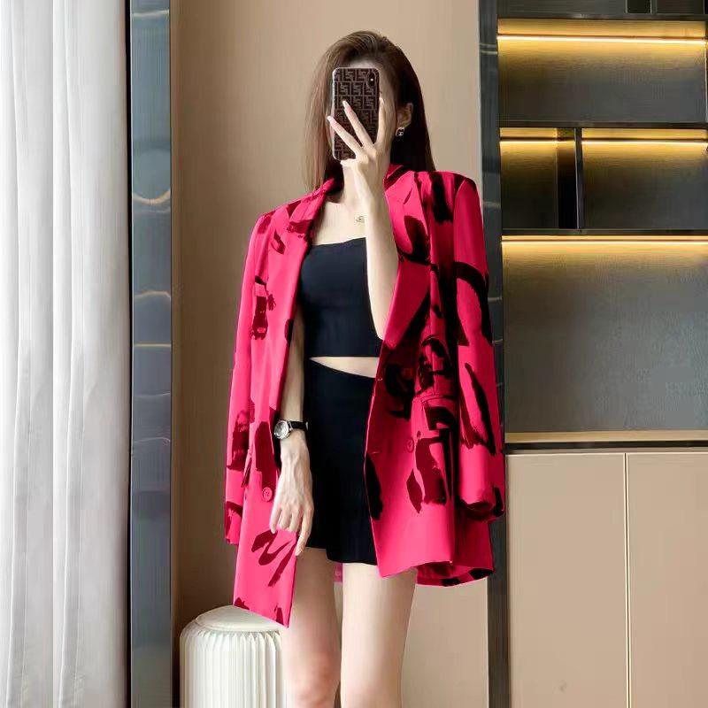2026 Women's Trendy Street Style Casual Suit Jacket - Spring/Autumn Hong Kong Fashion with Letter Print Long Sleeves