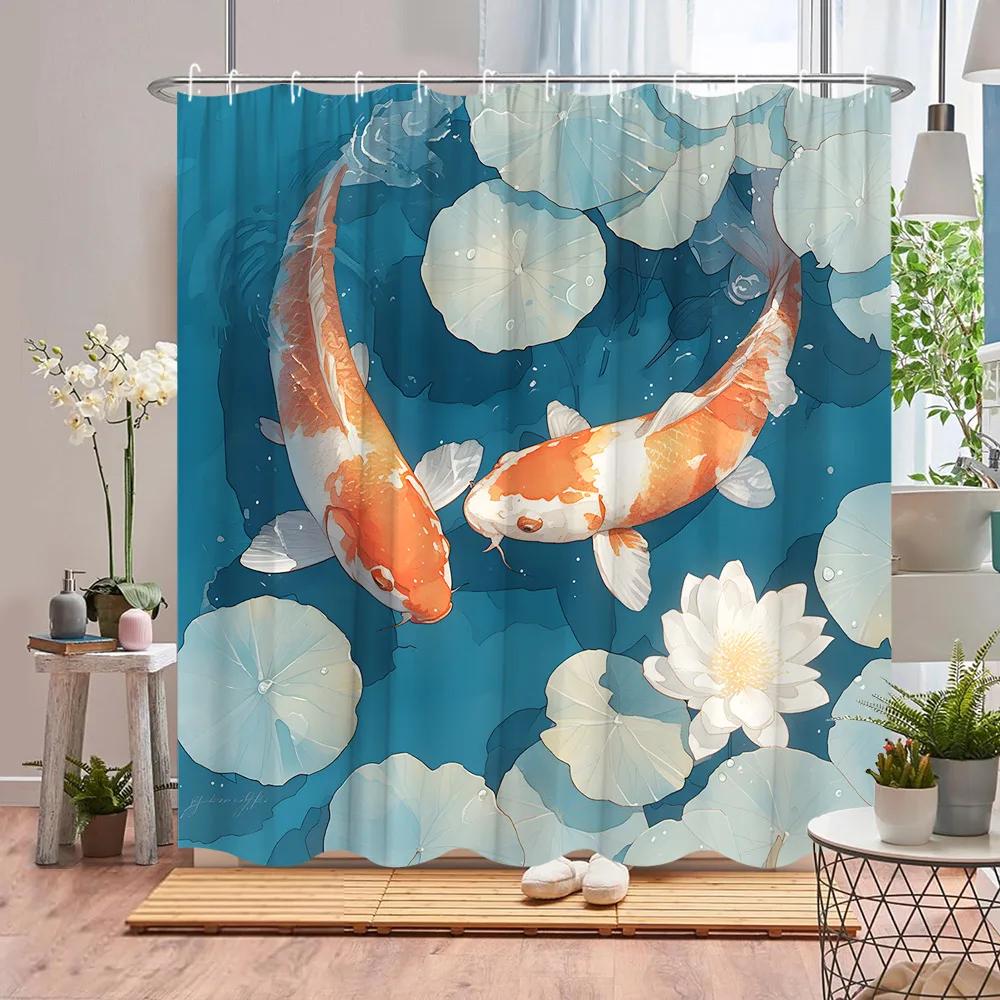 Koi Shower Curtain Asian Landscape Cherry Blossom Plant Pond Lotus Leaf Ink Painting Art Polyester Fabric Bathroom Decor Curtain