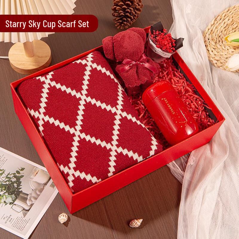 Christmas Diamond Red Scarf Gift Set Scarf + Starry Sky Cup + Hand Warmer