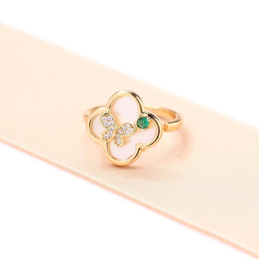 European And American Classic Versatile Micro-Inlaid Zircon Natural Fritillary Four-Leaf Clover Ring Simple Gold-Plated Butterfly Open Ring Women S Adjustable opening золотой