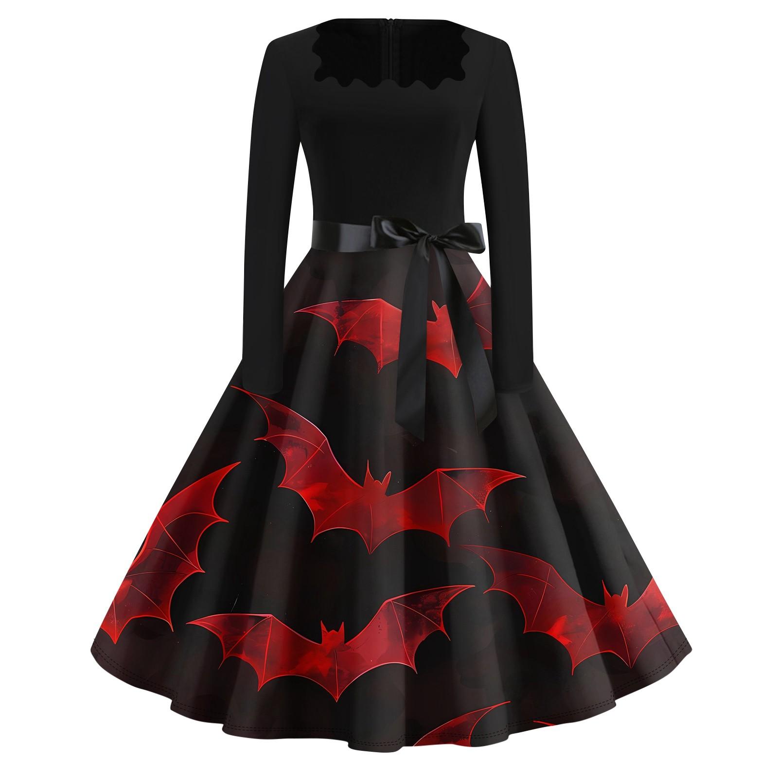 

Платье с расклешенным принтом на Хэллоуин для женщин, платье с длинным рукавом, полые вечерние повседневные платья XXXL винный