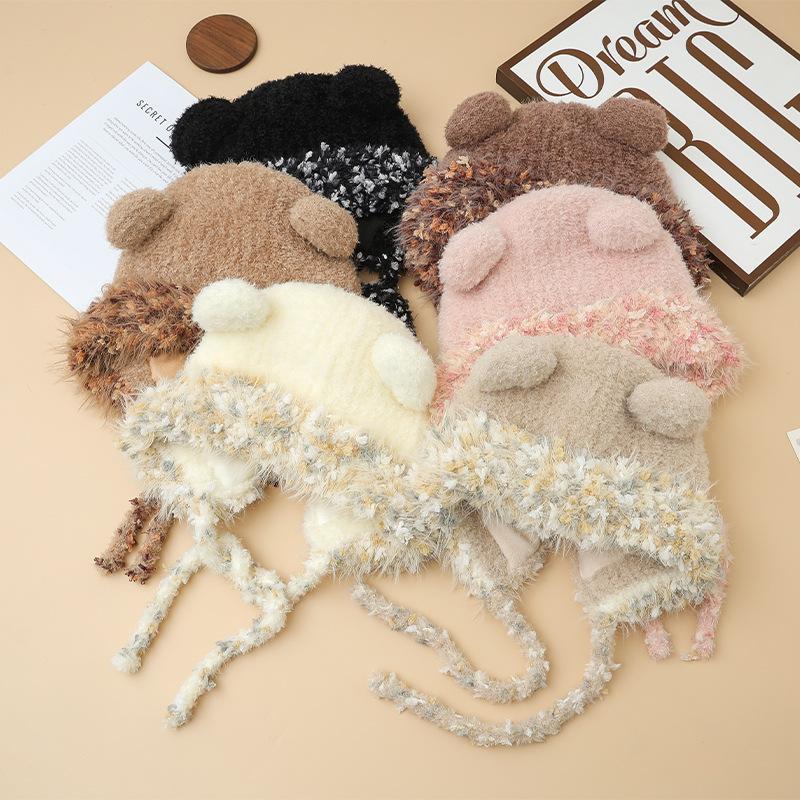 Căciulă Pluș Urechi Urs Drăguț Colorat Boabe de Zahăr Eșarfă de Exterior Set Cald pentru Toamnă și Iarnă Pălărie cu Boruri pentru Cap Mare