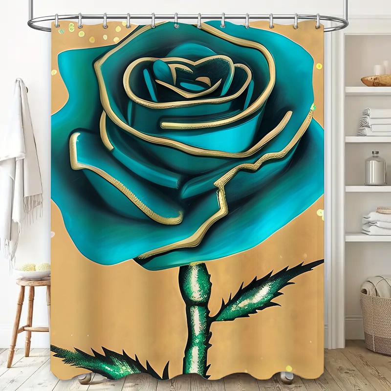 Teal Rose Shower Curtain - Luxurious Gold-Trimmed Floral Design For A Waterproof And Unique Bathroom Dcor Set