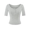 U-neck Button Mid-sleeved T-shirt Women's Summer New American Spice Girl Solid Color Slim-fitting and Thin Threaded Bottoming Top