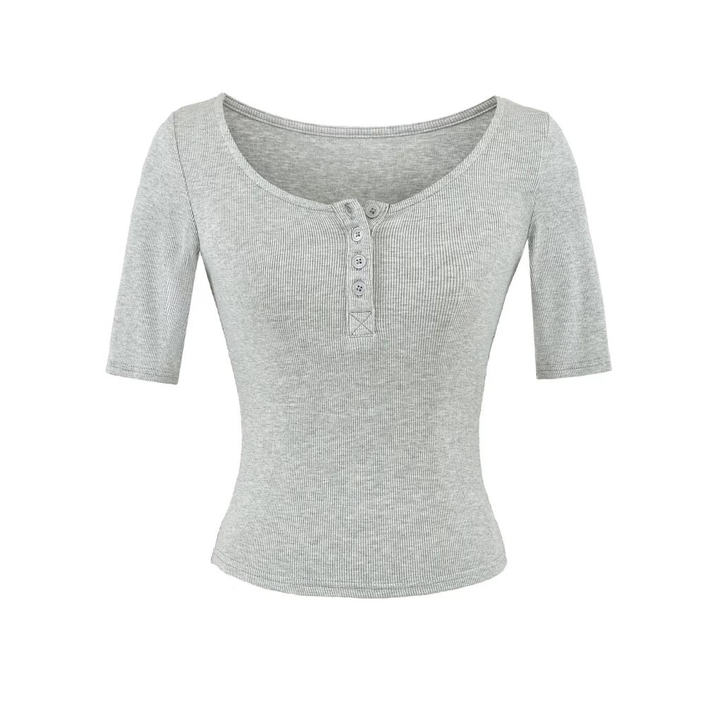 U-neck Button Mid-sleeved T-shirt Women's Summer New American Spice Girl Solid Color Slim-fitting and Thin Threaded Bottoming Top
