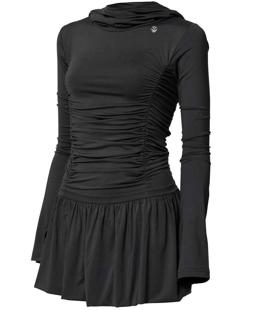 Peulleeoeob Hooded High Neck Long Dress (Fl-185_Black)