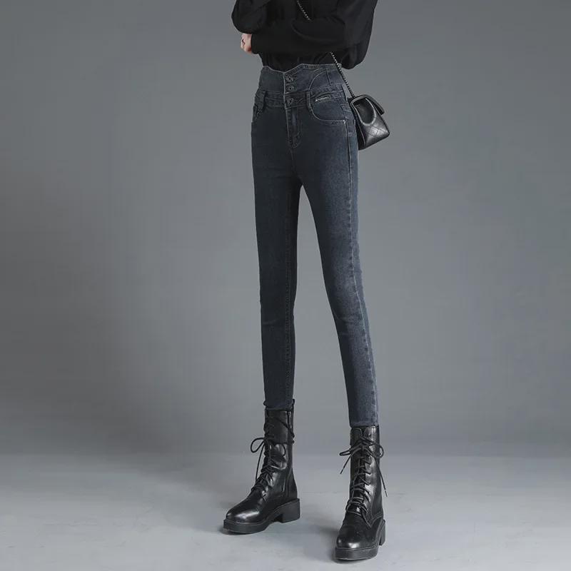 2023, blugi skinny de pluș cu talie înaltă, pentru toamna/iarna, pantaloni casual cu nasturi, slim fit