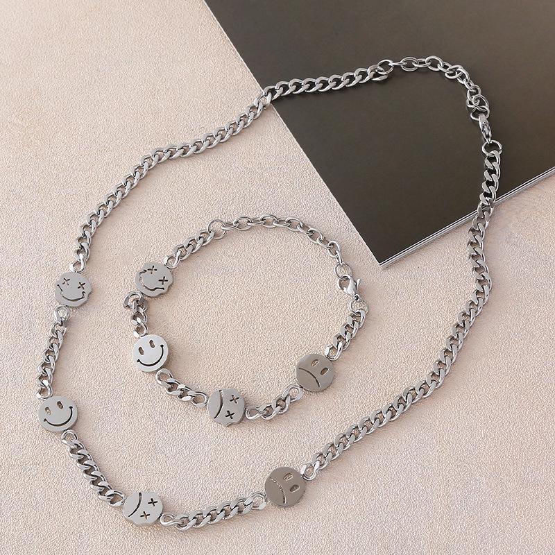 European Smiley Face Stainless Steel Bracelet & Hip Hop Cartoon Necklace Set