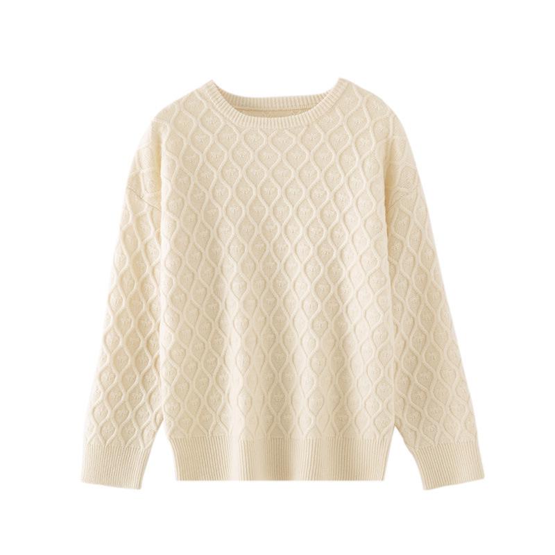 2024 Women's Autumn/Winter Wool Knitwear: Diamond Pattern, Round Neck, Slimming Loose Fit Top