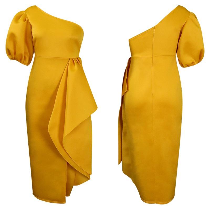Abito da cocktail midi elegante da donna, monospalla, con maniche a sbuffo, vita alta e spacco