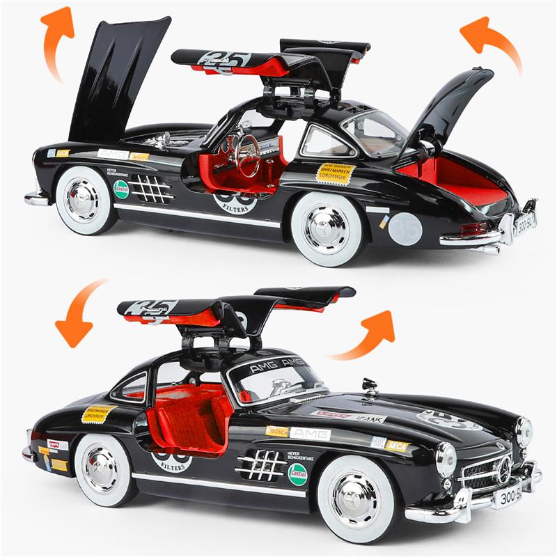 1/18 Benz 300SL Vintage Alloy Luxy Sports Car Model Diecast Metal Classic Retro Vehicles Car Model Sound and Light Childrens Toy Gift
