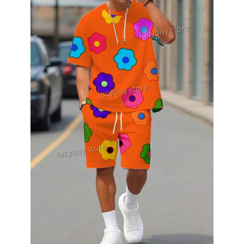 Colorful Flowers Printed Sport T-shirt+shorts Suit Set Men Male Luxury Tracksuit Outfit Summer Oversized 2 Piece Set Men Clothes