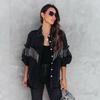 Damen Turn-Down-Kragen Langarm Denimjacke Lockerer Schnitt Streetwear Westernfransen Nietenverziert Jeanmantel