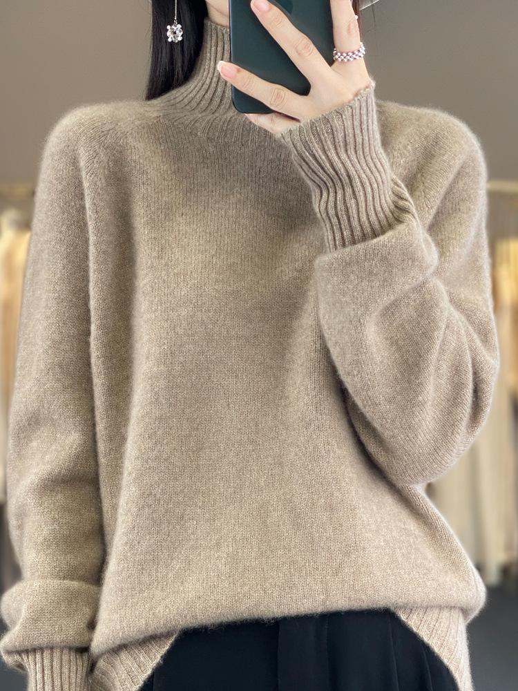 Women's High Neck 100% Wool Sweater - Loose Knit, Thick, Versatile, Cozy Base Layer for Autumn & Winter