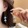 Gradient Blue Crystal Lily Earrings - Niche Chinese Style Long Dangle for Women