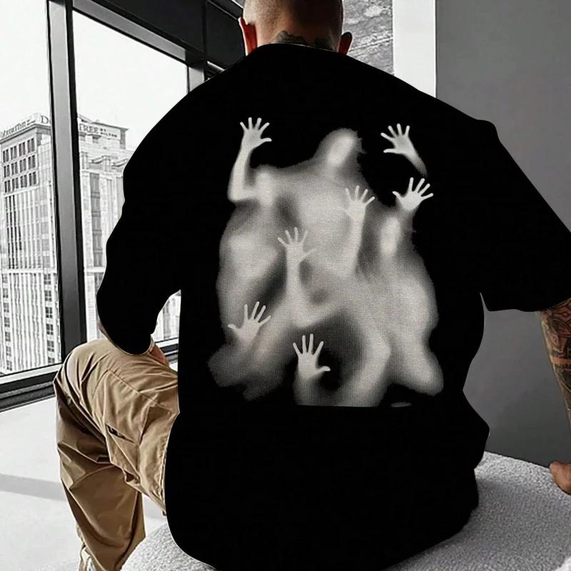 2025 Men's Summer New Short-sleeved T-shirt with Shadow Dark Hand Print, 100% Pure Cotton High-quality Hip-hop Streetwear Top