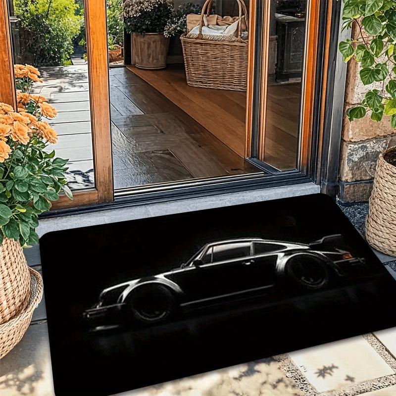 "Sports Car Silhouette" Doormat – Black & White Racing Design, Non-Slip & Machine Washable for Entryway or Home Decor