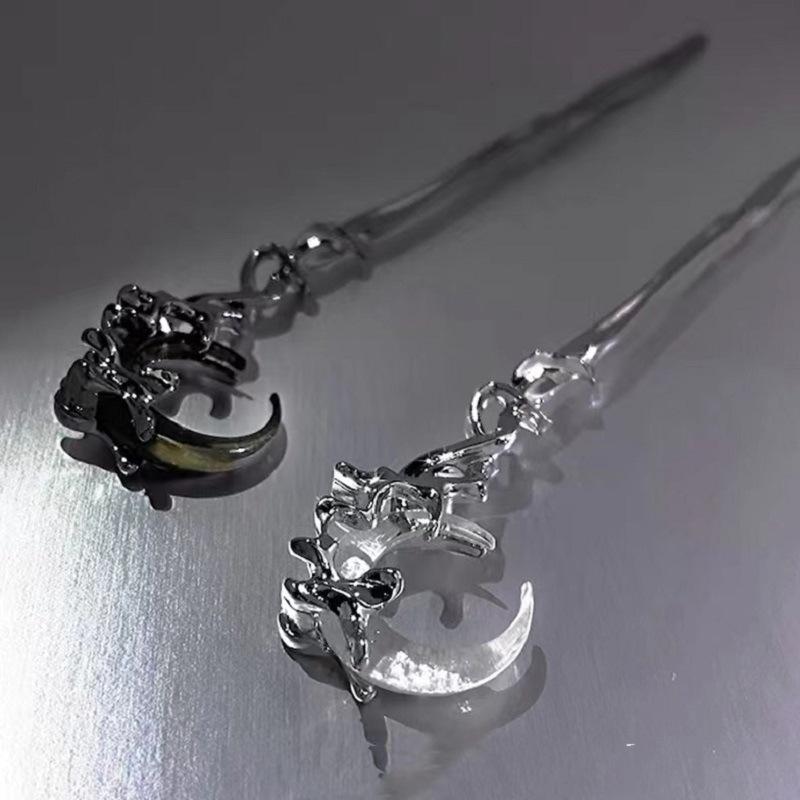 New Black Crystal Moon Hair Stick for Women Vintage Metal Chinese Style Chopstick Shaped Hairpin Headdress Hair Accessories