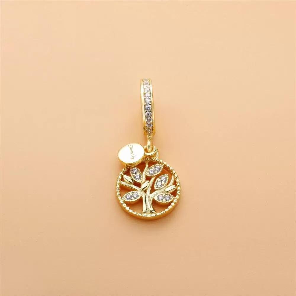 Guldpläterad Roséguld Glittrande Släktträd Berlockpärla 925 Silverpläterad Passar Damarmband Smycken