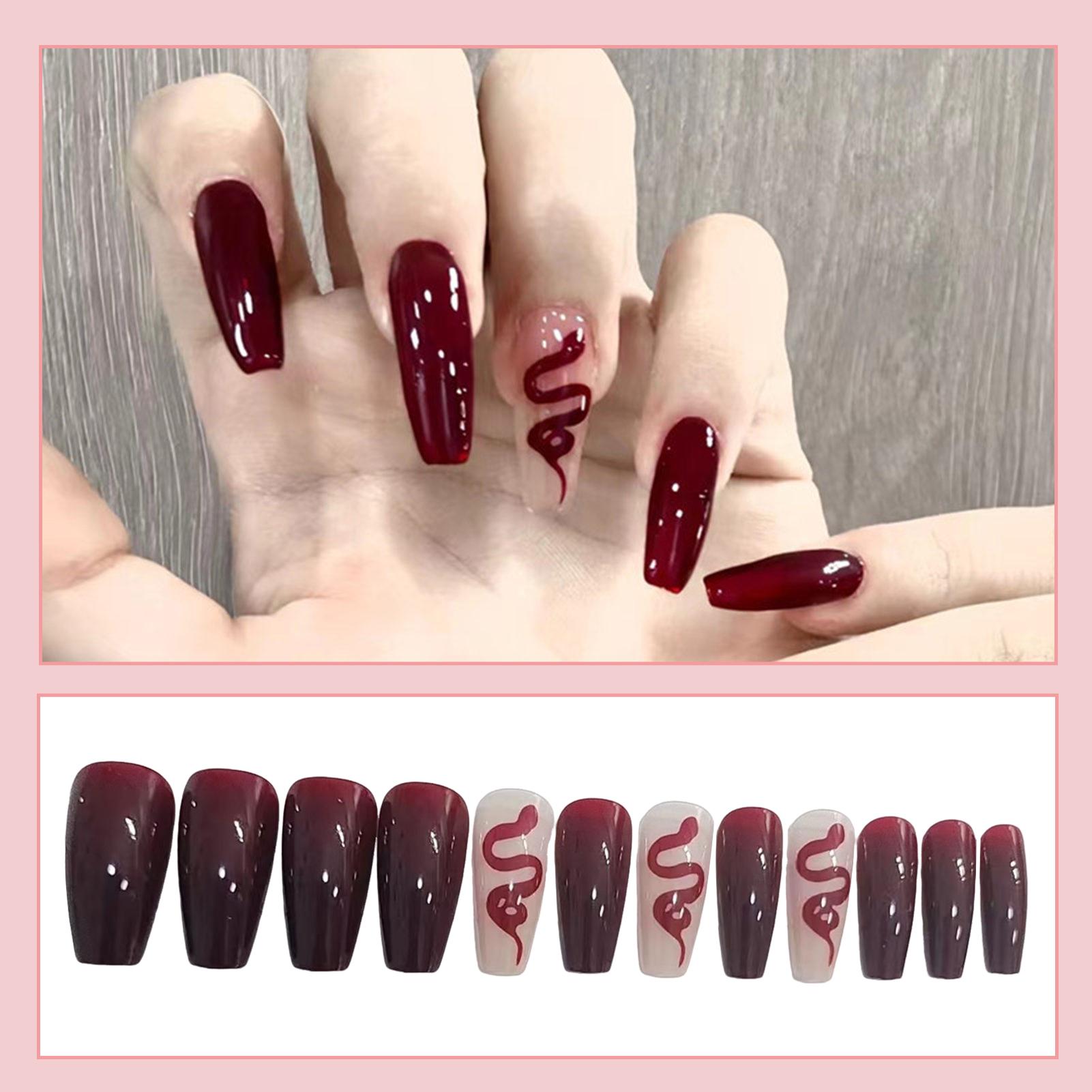 Woman Glossy Press-on Nail Wine Red Snake Pattern Ballerina Artificial Nail for Salon Expert and Naive Women A
