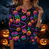 Women's Casual Halloween Print Round Neck Three Quarter Sleeve T Shirt Top Lightweight Comfortable Fit for Fall and Seasonal Wear
