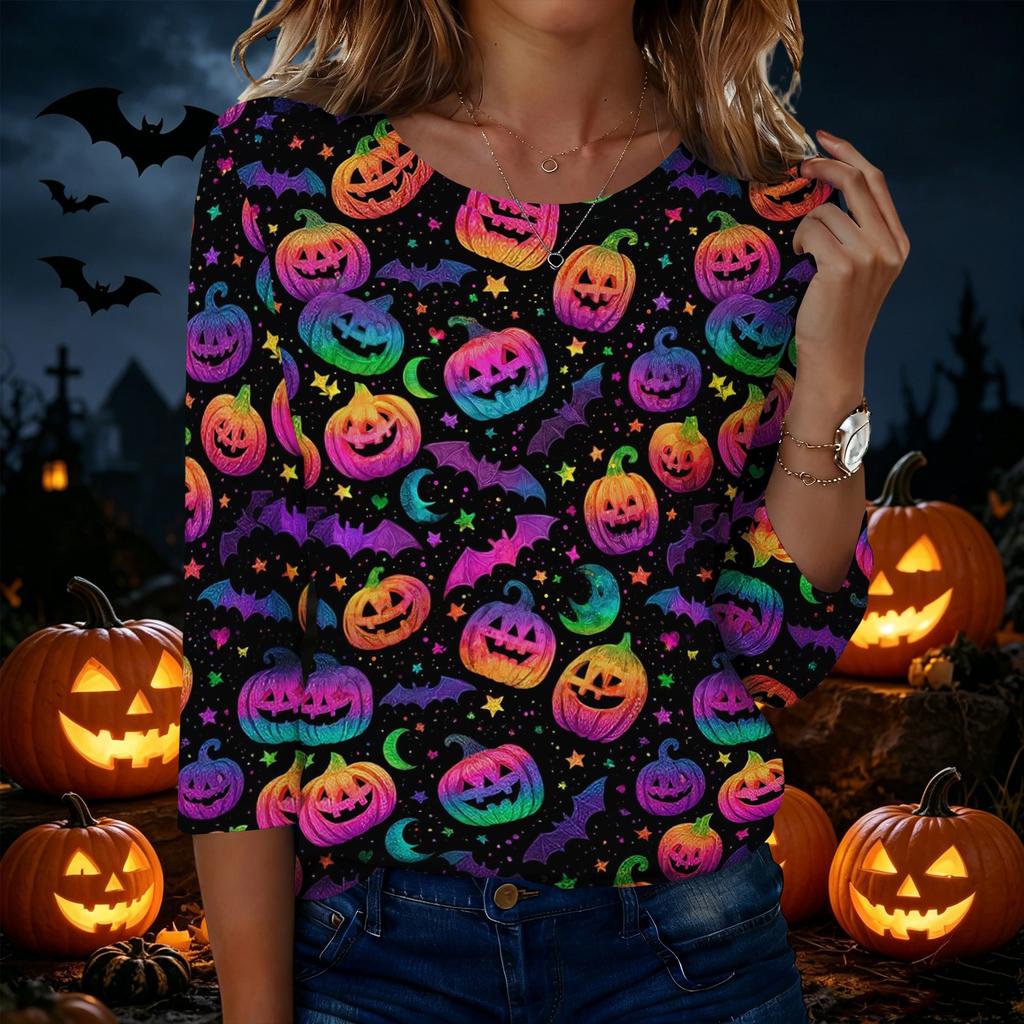 Women's Casual Halloween Print Round Neck Three Quarter Sleeve T Shirt Top Lightweight Comfortable Fit for Fall and Seasonal Wear
