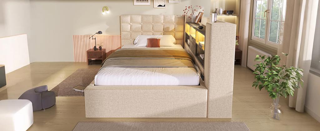 Letto imbottito 90x190 cm Singolo, Illuminazione a LED, Contenitore idraulico, Testiera a L, Reversibile, Rete a doghe, Lino, Beige (Senza materasso)
