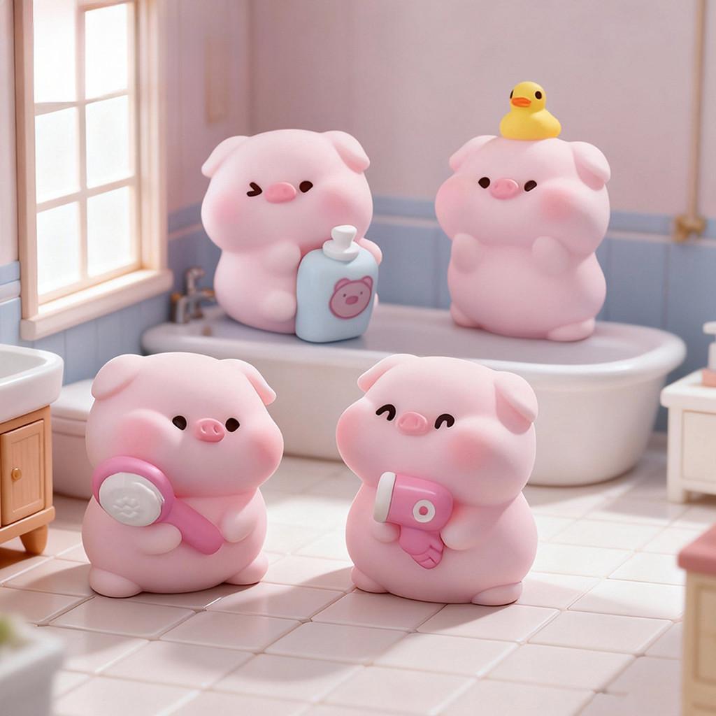 6Pcs/set Cartoon Shower Pig Miniatures Resin Animal Ornaments Moss Terrarium Micro Landscape Fairy Garden Decoration
