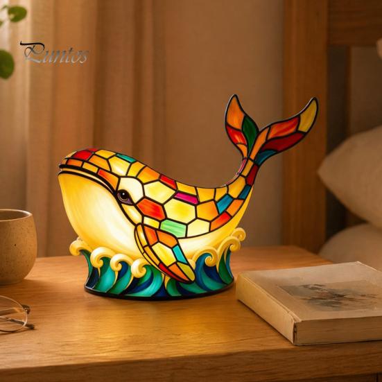 Stained Glass Night Light Whale Light, USB Multicolor Table Lamp, Flicker-free LED Decorative Desk for Home Office Bedroom