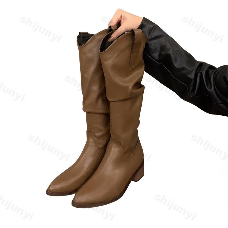 Fashion Hot Selling Women Boots Vintage Chunky Heel Cowboy Boots 2025 Autumn Faux Suede Long Boots Woman Pointy Knee-high Botas Mujer