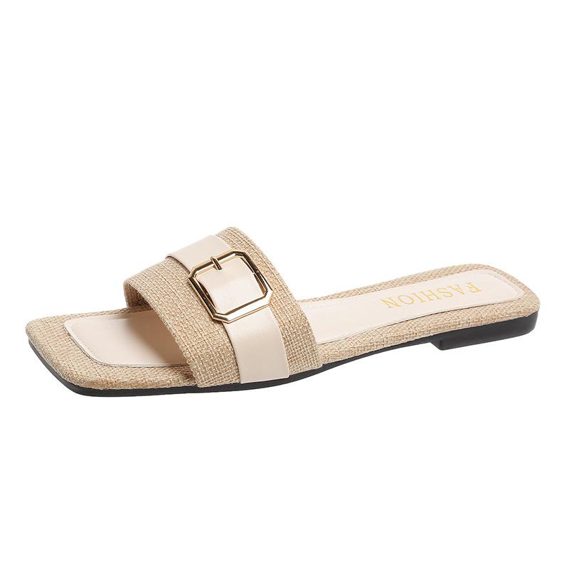 Cool Slippers Women's Summer New Flat-bottomed Large-size One-word Drag Fashion Belt Buckle Open-toed Slippers