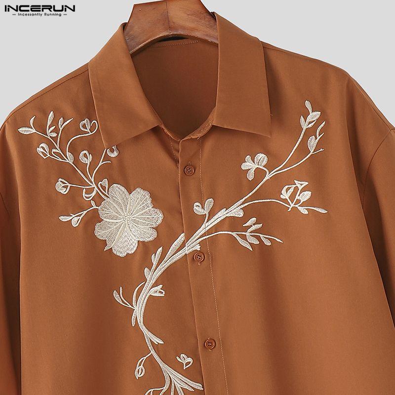 INCERUN Summer Men Short Sleeve Embroidery Loose Casual Vintage Shirts Tops