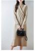 Women's V-Neck Knee-Length Pure Wool Dress - Loose Waist, Solid Color, Long Sleeve for Autumn/Winter