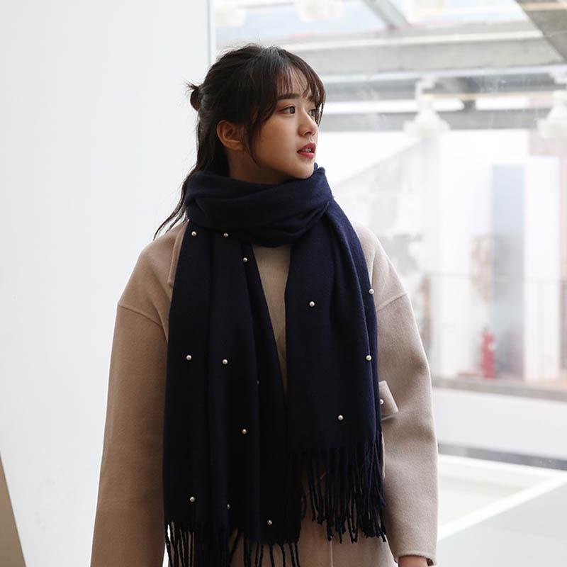 Women Elegant Knitted Solid Scarf With Pearls And Long Tassels For Winter Warmth
