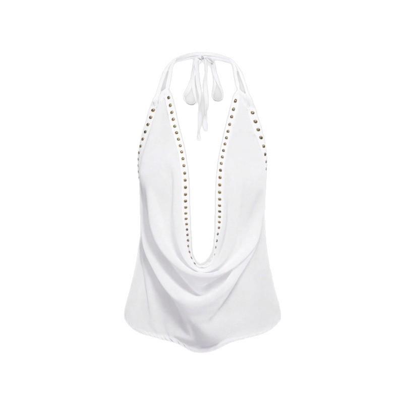 European and American Sleeveless Neck Hanging Personality Sexy Casual Deep V Backless Slim Slim Top Rivet Design Vest